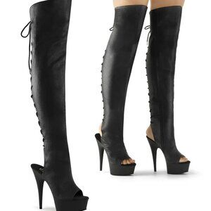 Pleaser Womens Delight-3019 Thigh High Boots Size 11 Black Lace Up Platform